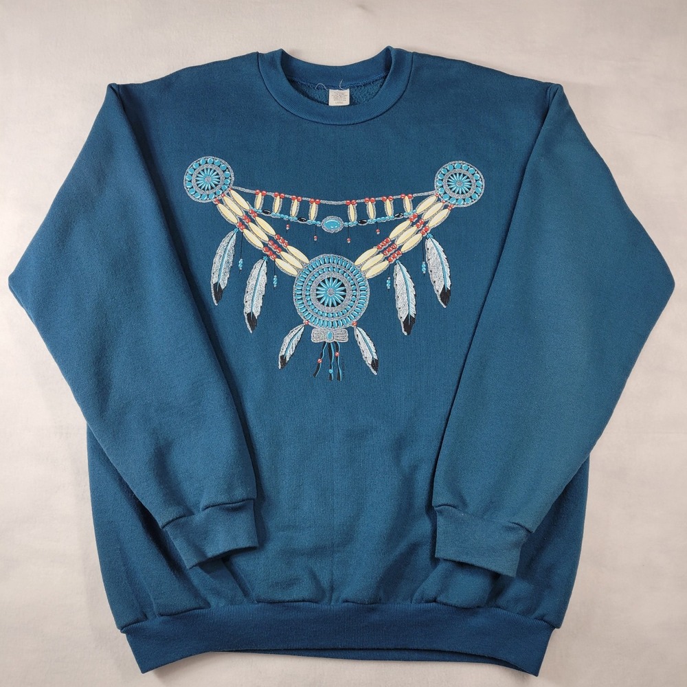 Vintage 90s Native American Feather Bead Necklace Crewneck Sweatshirt Large